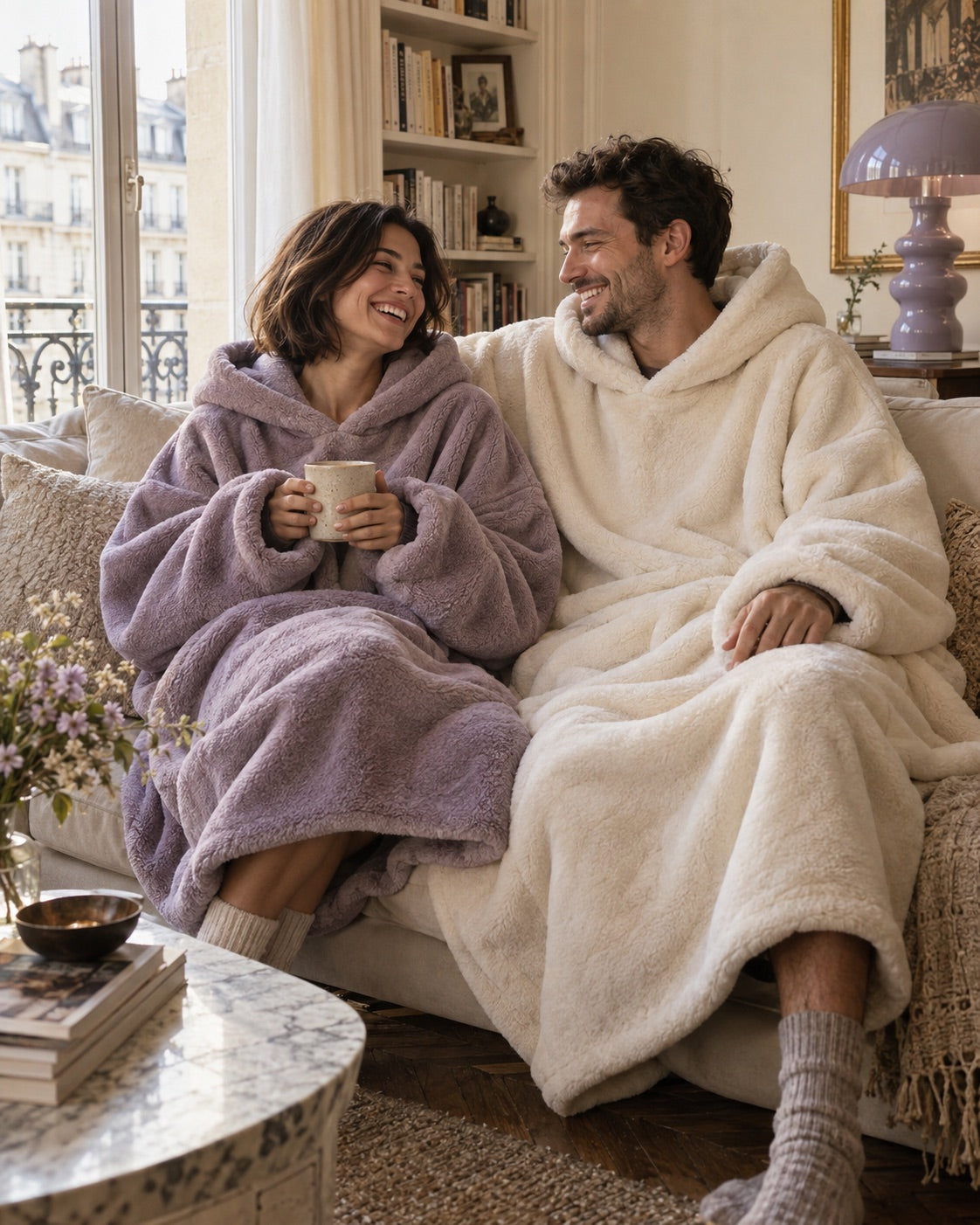 Visuel d’ambiance Bear & Bunny : deux adultes en pulls plaids